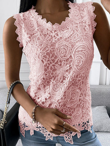 Woochic débardeur dentelle col rond sans manches femme casual Rose S